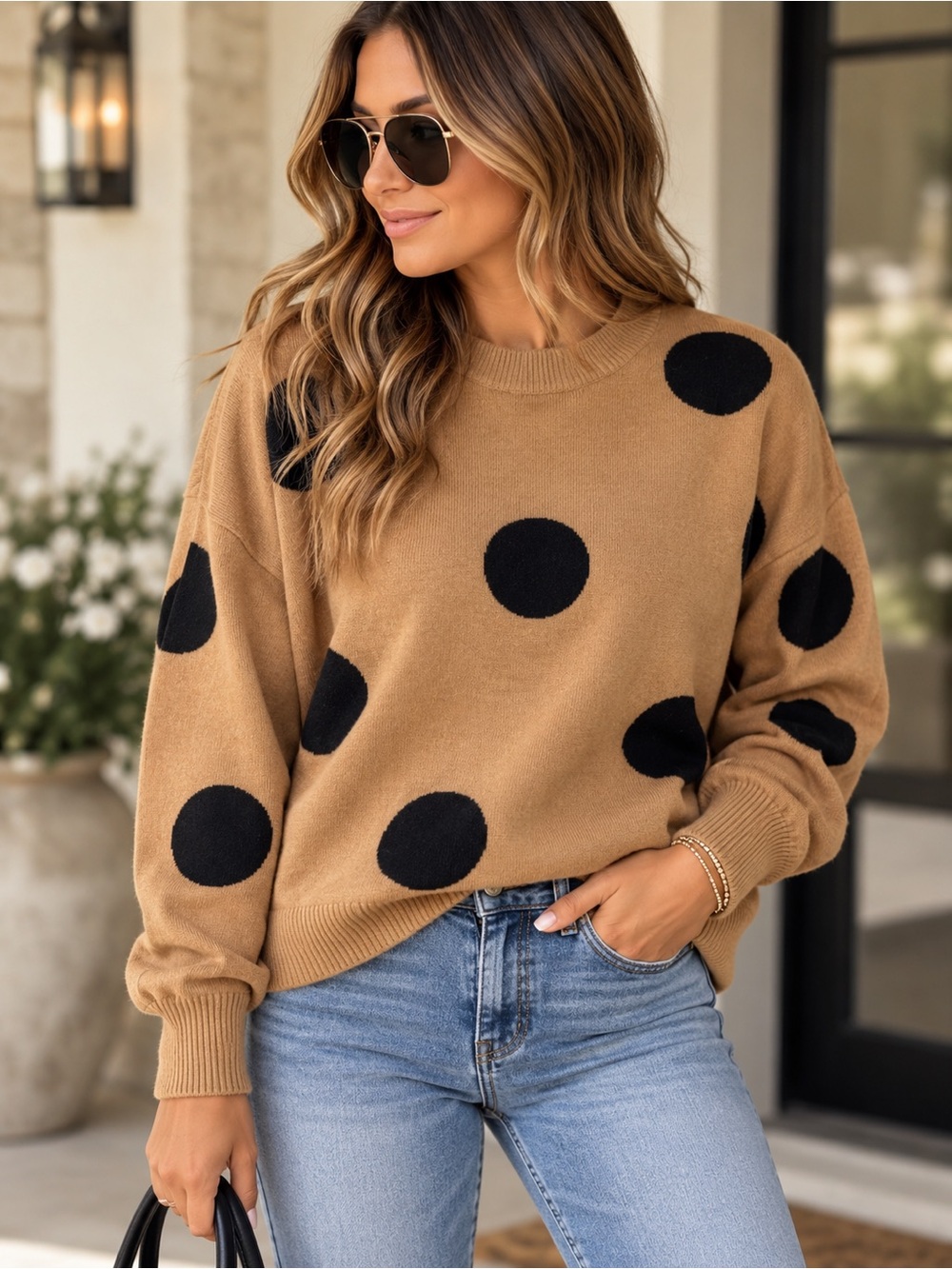NWOT! Tahari Camel Sweater with Black Polka Dots